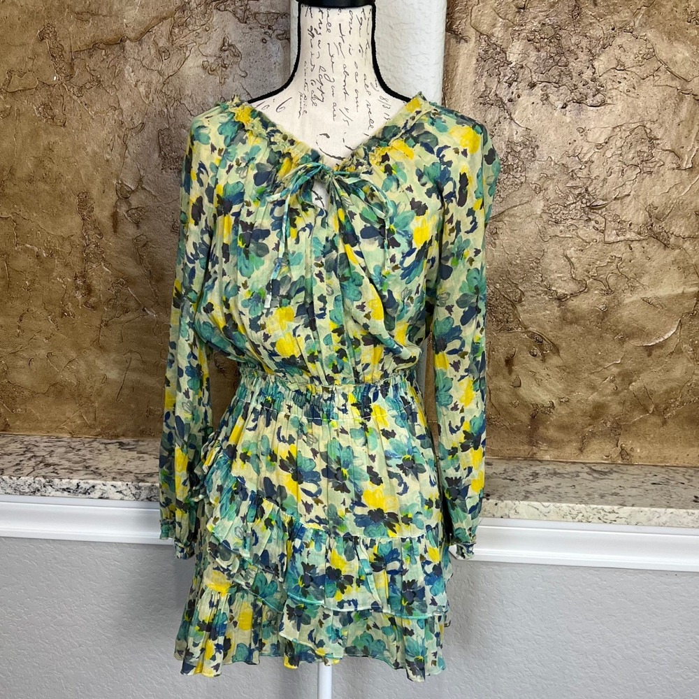 LoveShackFancy Rayna Dress Small Floral Mini Yellow Blue Tiered Ruffle Spring